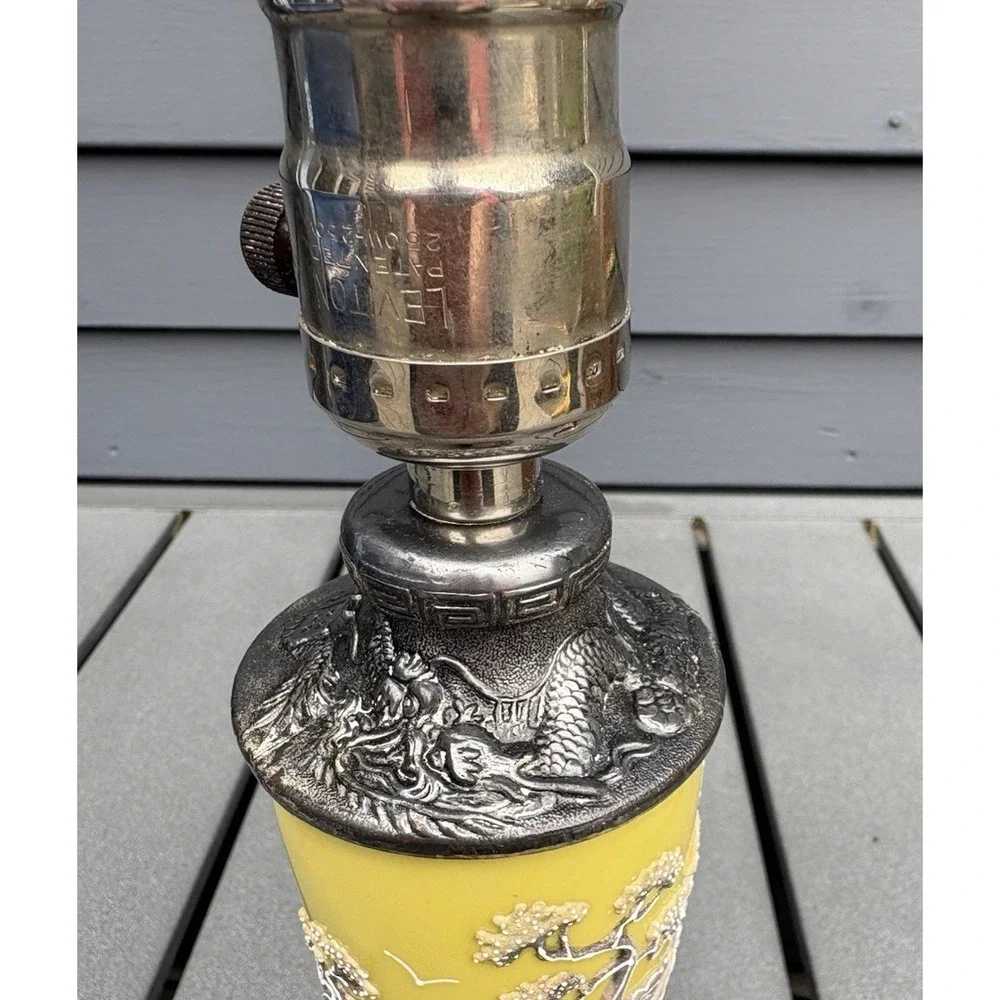 Vintage chinoiserie desk lamp yellow moriage mountain scene dragonware wood base